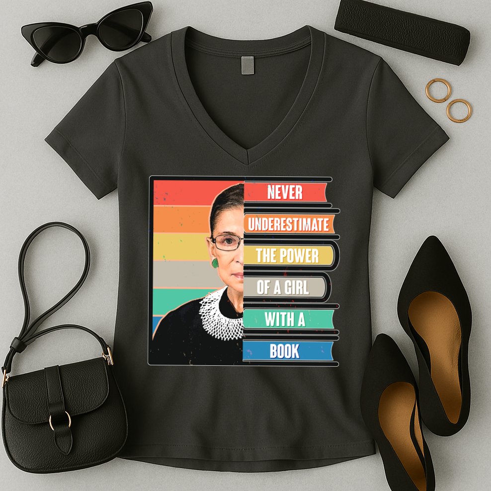 Never Underestimate A Girl With A Book RBG Tribute Women's V-Neck T-Shirt