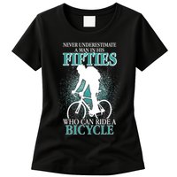 Never Underestimate A Man In His Fifties Who Can Ride A Bicycle Womens T-Shirt
