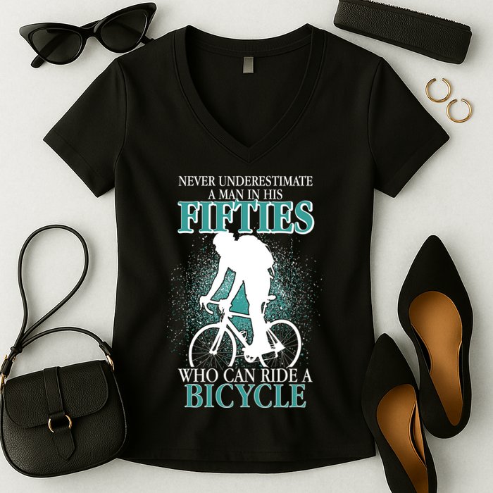 Never Underestimate A Man In His Fifties Who Can Ride A Bicycle Women's V-Neck T-Shirt