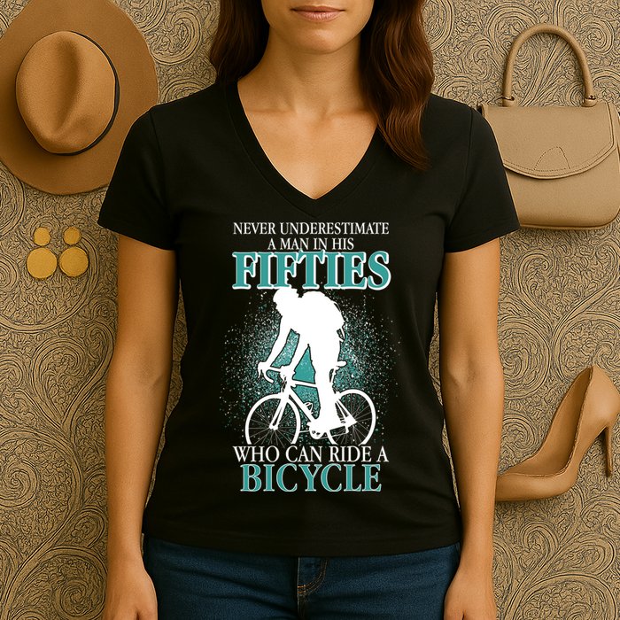 Never Underestimate A Man In His Fifties Who Can Ride A Bicycle Women's V-Neck T-Shirt