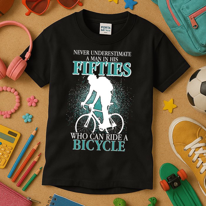 Never Underestimate A Man In His Fifties Who Can Ride A Bicycle Kids T-Shirt