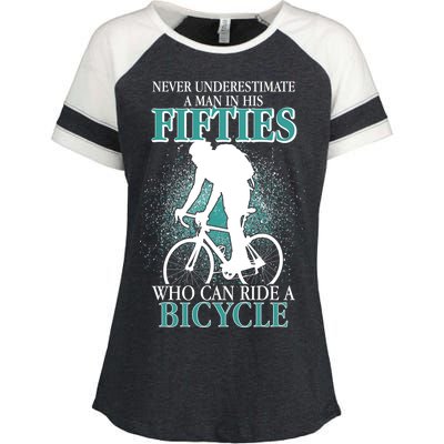 Never Underestimate A Man In His Fifties Who Can Ride A Bicycle Enza Ladies Jersey Colorblock Tee