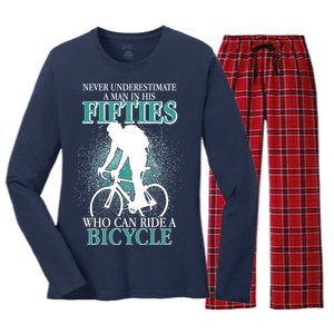 Never Underestimate A Man In His Fifties Who Can Ride A Bicycle Women's Long Sleeve Flannel Pajama Set 