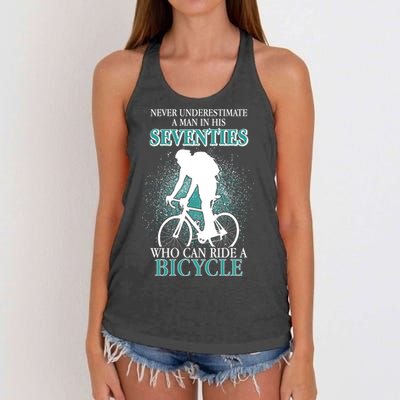 Never Underestimate A Man In His Seventies Who Can Ride A Bicycle Women's Knotted Racerback Tank