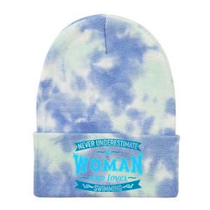 Never Underestimate A Woman Who Loves Swimming Tie Dye 12in Knit Beanie