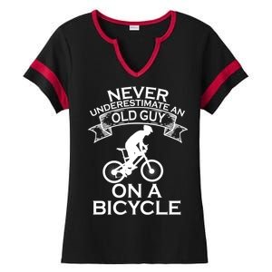 Never Underestimate An Old Guy On A Bike Ladies Halftime Notch Neck Tee