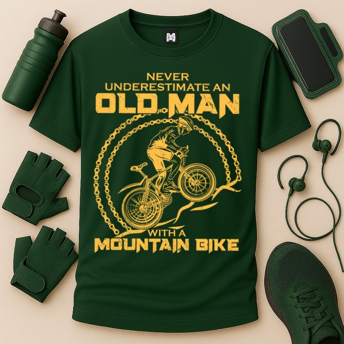 Never Underestimate An Old Man With A Mountain Bike Cooling Performance Crew T-Shirt