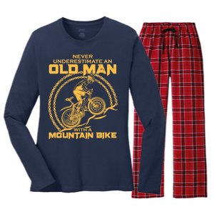 Never Underestimate An Old Man With A Mountain Bike Women's Long Sleeve Flannel Pajama Set 