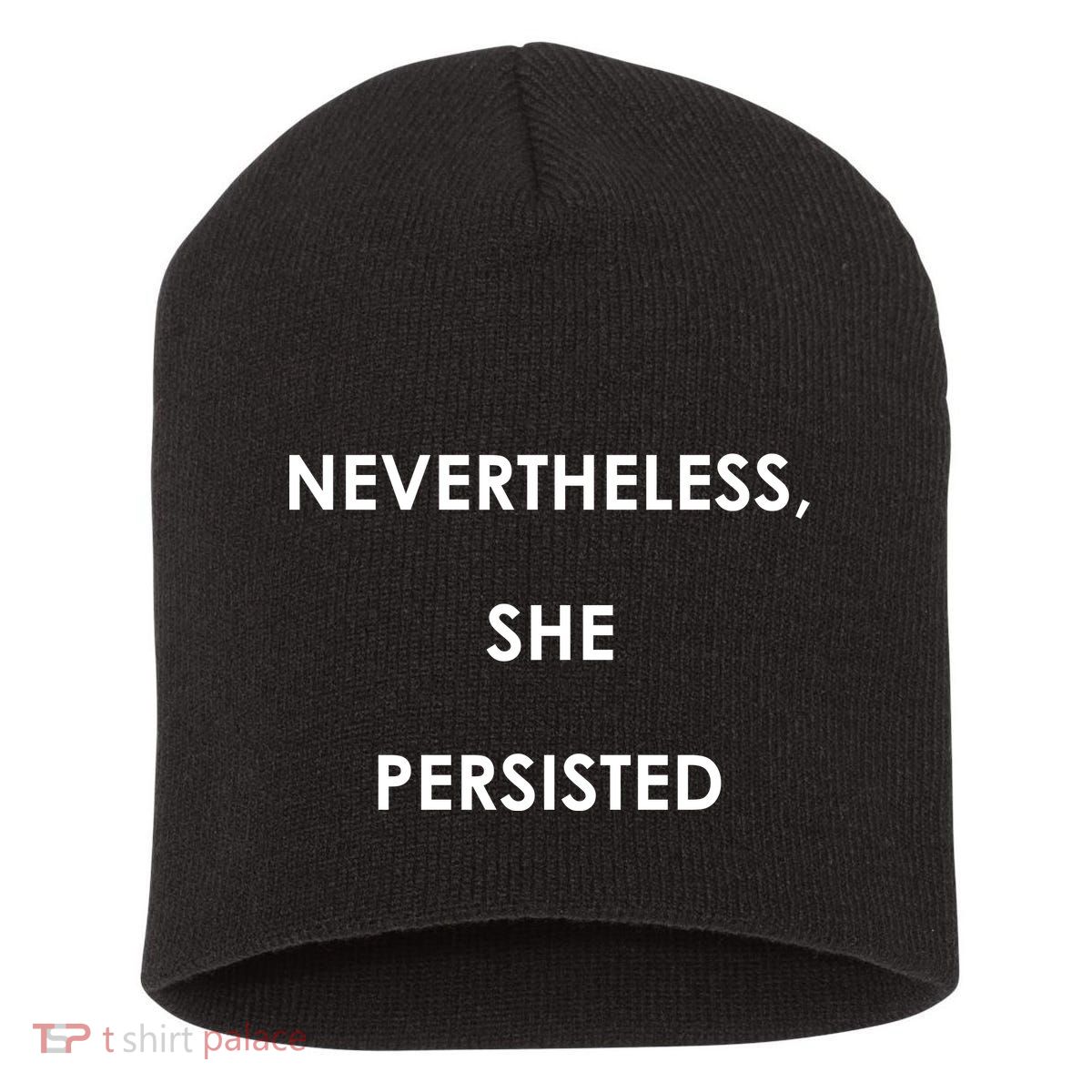 Nevertheless, She Persisted. Script Gold Glitter Print Short Acrylic Beanie