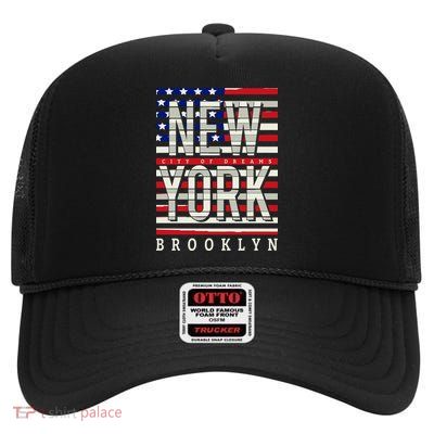 New York - City of Dreams Typography - Brooklyn USA High Crown Mesh Back Trucker Hat