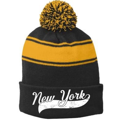 New York Classic Logo Stripe Pom Pom Beanie