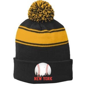 New York Skyline Baseball Sports Fan Stripe Pom Pom Beanie