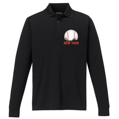 New York Skyline Baseball Sports Fan Performance Long Sleeve Polo