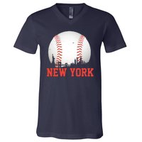 New York Skyline Baseball Sports Fan V-Neck T-Shirt