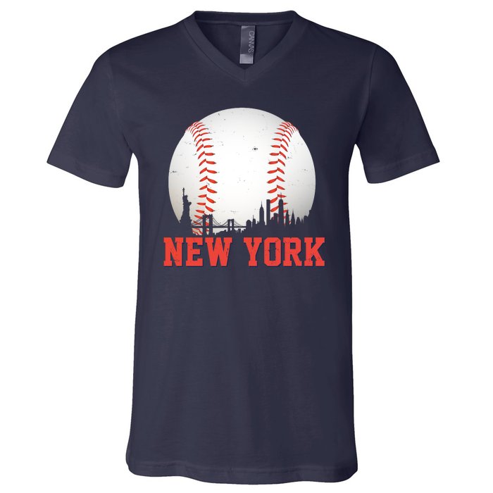 New York Skyline Baseball Sports Fan V-Neck T-Shirt