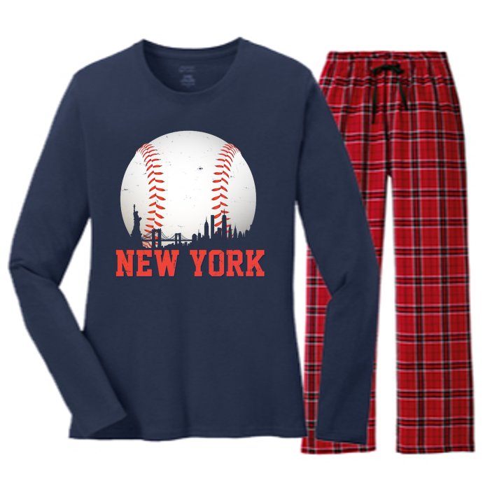 New York Skyline Baseball Sports Fan Women's Long Sleeve Flannel Pajama Set 