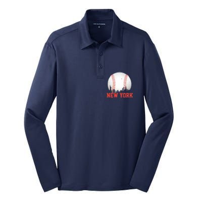 New York Skyline Baseball Sports Fan Silk Touch Performance Long Sleeve Polo