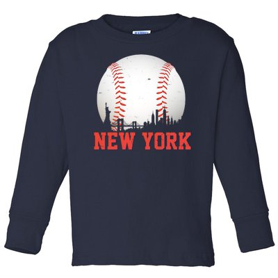 New York Skyline Baseball Sports Fan Toddler Long Sleeve Shirt