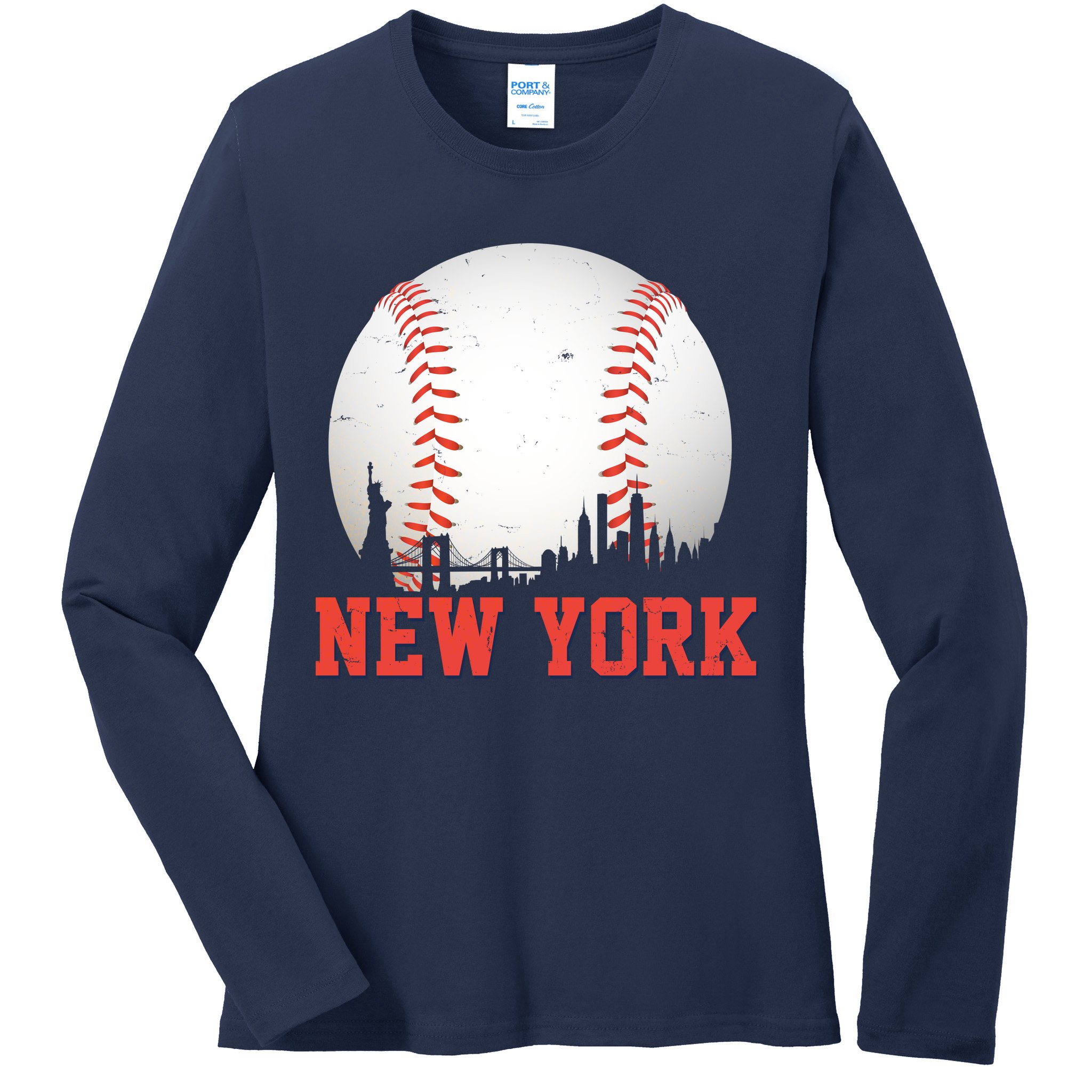 New York Skyline Baseball Sports Fan Ladies Long Sleeve Shirt