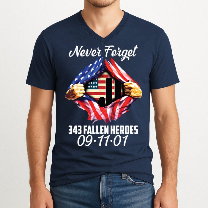 Never Forget 343 Fallen Heroes 091101 September 11 V-Neck T-Shirt