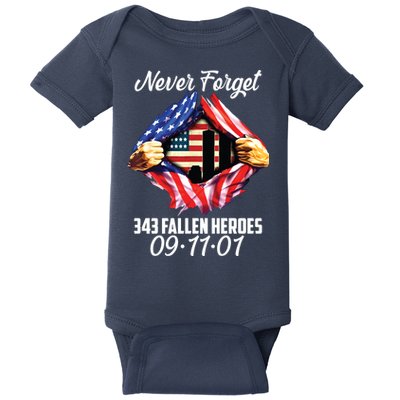 Never Forget 343 Fallen Heroes 091101 September 11 Baby Bodysuit