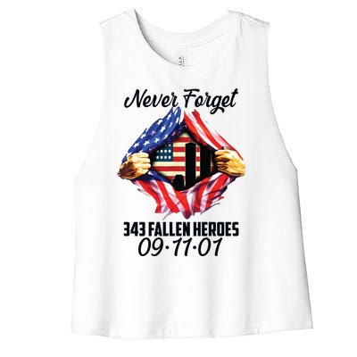 Never Forget 343 Fallen Heroes 091101 September 11 Women's Racerback Cropped Tank