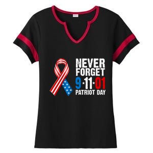 Never Forget 9.11.01 USA Ribbon Patriot Day Ladies Halftime Notch Neck Tee