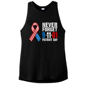 Never Forget 9.11.01 USA Ribbon Patriot Day Ladies PosiCharge Tri-Blend Wicking Tank