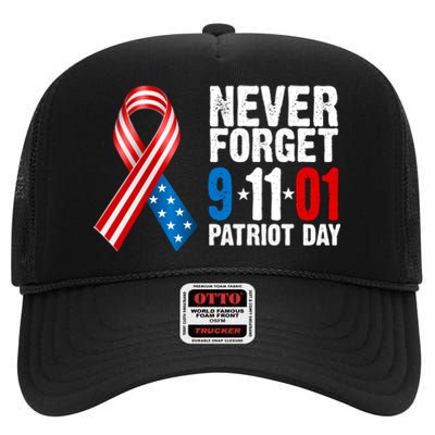 Never Forget 9.11.01 USA Ribbon Patriot Day High Crown Mesh Back Trucker Hat