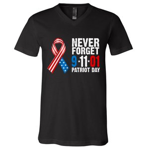 Never Forget 9.11.01 USA Ribbon Patriot Day V-Neck T-Shirt