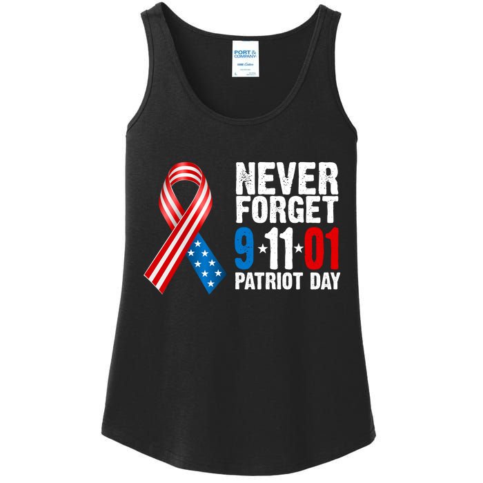 Never Forget 9.11.01 USA Ribbon Patriot Day Ladies Essential Tank