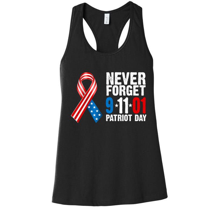 Never Forget 9.11.01 USA Ribbon Patriot Day Women's Racerback Tank