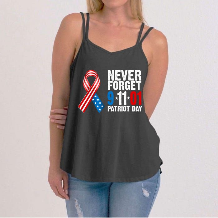 Never Forget 9.11.01 USA Ribbon Patriot Day Women's Strappy Tank