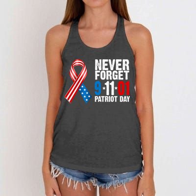 Never Forget 9.11.01 USA Ribbon Patriot Day Women's Knotted Racerback Tank