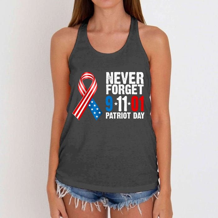 Never Forget 9.11.01 USA Ribbon Patriot Day Women's Knotted Racerback Tank