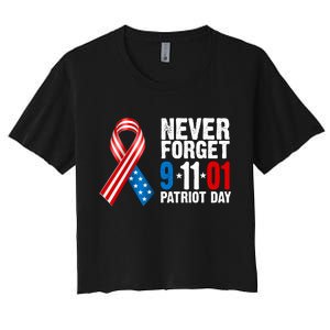 Never Forget 9.11.01 USA Ribbon Patriot Day Women's Crop Top Tee