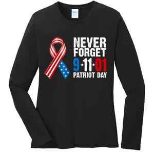 Never Forget 9.11.01 USA Ribbon Patriot Day Ladies Long Sleeve Shirt