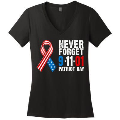 Never Forget 9.11.01 USA Ribbon Patriot Day Women's V-Neck T-Shirt