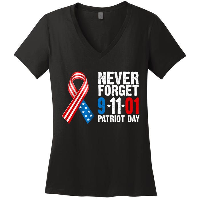 Never Forget 9.11.01 USA Ribbon Patriot Day Women's V-Neck T-Shirt