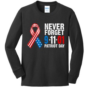 Never Forget 9.11.01 USA Ribbon Patriot Day Kids Long Sleeve Shirt