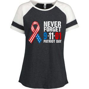 Never Forget 9.11.01 USA Ribbon Patriot Day Enza Ladies Jersey Colorblock Tee