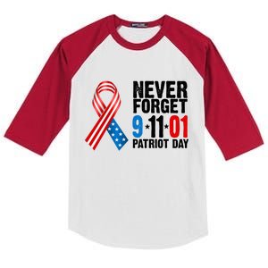 Never Forget 9.11.01 USA Ribbon Patriot Day Kids Colorblock Raglan Jersey