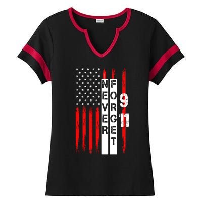 Never Forget 9 11 Nine Eleven Memorial Distressed US American Flag Ladies Halftime Notch Neck Tee