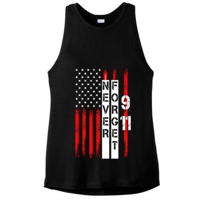 Never Forget 9 11 Nine Eleven Memorial Distressed US American Flag Ladies PosiCharge Tri-Blend Wicking Tank