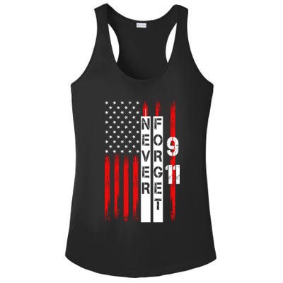 Never Forget 9 11 Nine Eleven Memorial Distressed US American Flag Ladies PosiCharge Competitor Racerback Tank