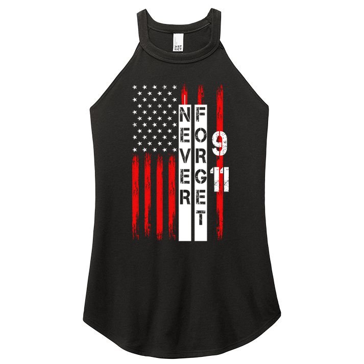 Never Forget 9 11 Nine Eleven Memorial Distressed US American Flag Women's Perfect Tri Rocker Tank