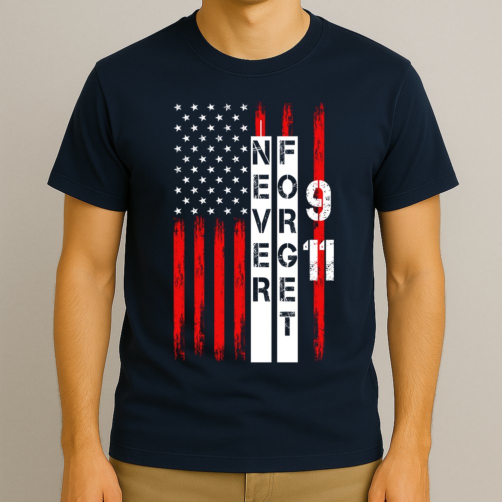 Never Forget 9 11 Nine Eleven Memorial Distressed US American Flag T-Shirt
