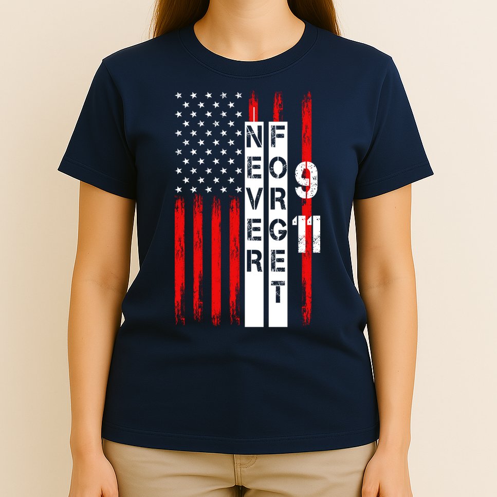 Never Forget 9 11 Nine Eleven Memorial Distressed US American Flag T-Shirt