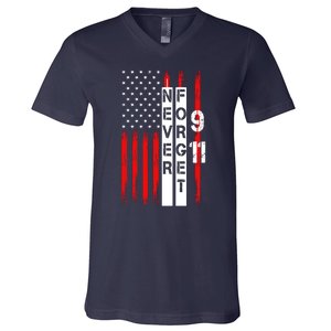 Never Forget 9 11 Nine Eleven Memorial Distressed US American Flag V-Neck T-Shirt