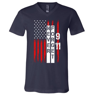 Never Forget 9 11 Nine Eleven Memorial Distressed US American Flag V-Neck T-Shirt